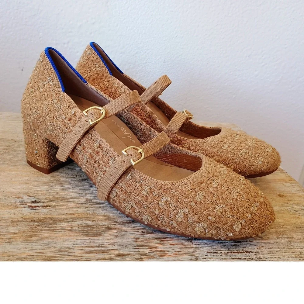 Rothys The Mary Jane Double Buckle Block Heel Camel Tweed Gold Metallic Shoes 6